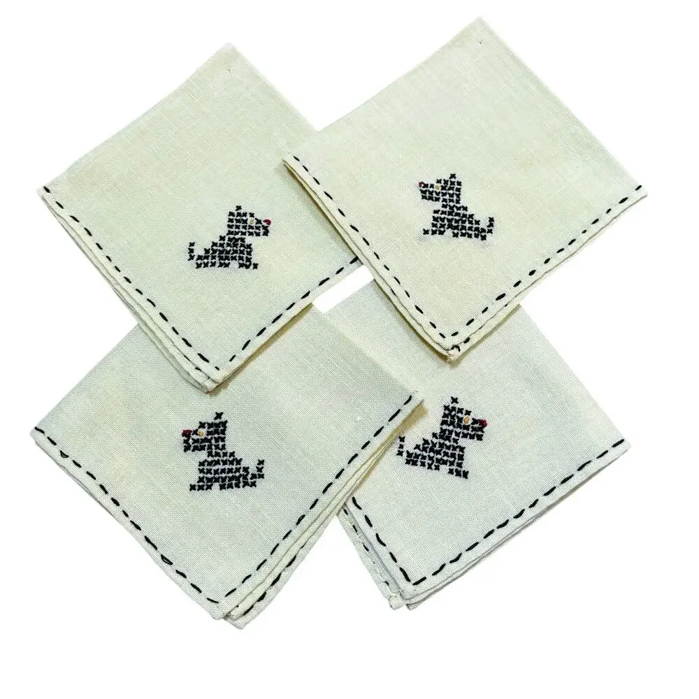 Cocktail napkins (4) YELLOW cotton hand embroidery black Scottish Terriers